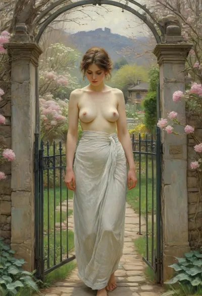 Theodore Robinson Style, In this Impressionist painting by Frederick Hassam, in spring of an ancient garden with closed gate, closeup of a naked mature milf woman, looking sad with beautiful features, in this impressionistic painting by Frederick Hassam, high-definition, Midjourney, MJ, style, poster, manga, anime, <lora:Theodore Robinson Style:1.4>, <lora:Midjourney_style:1>