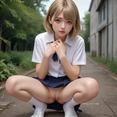 Asian, (blonde, blue eyes, young, beautiful face, small tits, protruding nipples, shaved pussy, thin hands, purple lips, blush on cheeks), school uniform, (no panties, no bra, short skirt, white shirt, alstuke), squatting