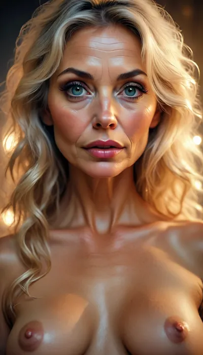 ultrawide-angle graphic hslf-portrait, ultrasexy nude mature lightblonde woman closeup, 55 years old, very narrow ascetic face, Midjourney, MJ, style, poster, but, <lora:Midjourney_style:2>, <lora:BUT_SDXL_SHS:.5>, <lora:street_tones:2>