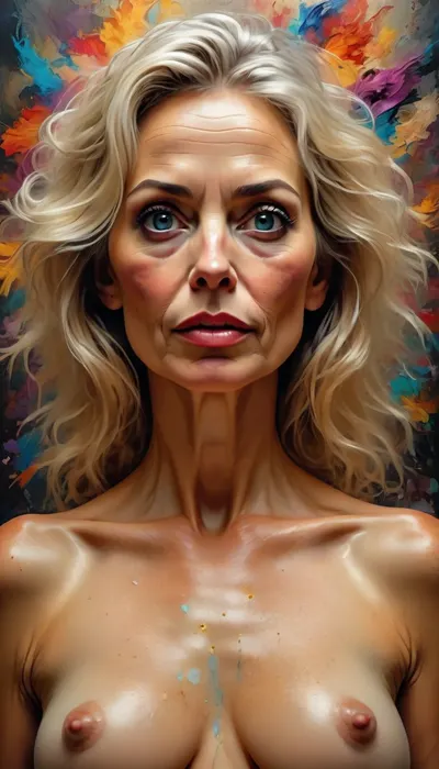 ultrawide-angle graphic half-body portrait, ultrasexy nude mature lightblonde woman, 55 years old, very narrow ascetic face, Midjourney, MJ, style, poster, but, <lora:Midjourney_style:2>, <lora:BUT_SDXL_SHS:.9>, <lora:street_tones:2>