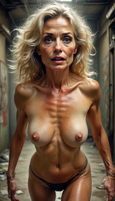 ultrawide-angle body portrait, ultrasexy nude athletic mature lightblonde woman, 55 years old, very narrow ascetic face, Midjourney, MJ, style, poster, but, <lora:Midjourney_style:2>, <lora:BUT_SDXL_SHS:.5>, <lora:street_tones:2>