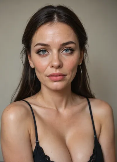 (milf:1.2), mature, wrinkles, (sharp face features:1.3), (narrow face:1.3), (light gray eyes), (sharp chin:1.3), (skiny face:1.5), big eyes, wide open eyes, (slut), (whore), (bimbo makeup), black straps on shoulders, black bra, seductive look, sly look, black hair, ponytail, sexy makeup, downblouse, (wide cheekbones:1.3), (narrow nose:1.3), (hair fringe:1.3), leaning back, relaxing pose