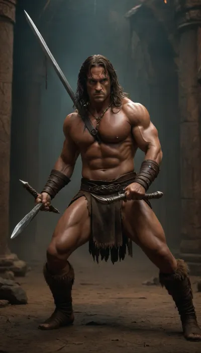 uber realistic image, fullcolor image, full body view, 8K quality, ultra detailed, masterpiece, Conan the Barbarian, swinging his sword.