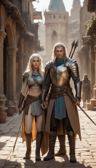 tall and lean male high elf rogue-fighter with sun-bleached hair and piercing ice-blue eyes, and a cunning female elf rogue with sun-kissed skin, copper-streaked dark hair, and sharp amber eyes, both clad in lightweight leather armor in muted desert tones. They move in perfect unspoken coordination through the shadows of a sandstone alley, Elandros with a finely crafted longbow and black-fletched arrows, the rogue with a curved Kathiri dagger in hand. Dust swirls in the hot evening wind as golden light spills across the domes and minarets of the bustling market district behind them, the air thick with spice and tension, ultra-realistic cinematic fantasy art
