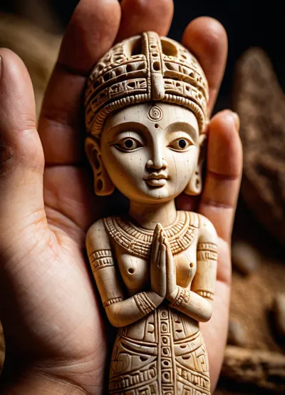 a macro photo of a Neolithic goddes figurine carved from bone in the palm of a primitive human, close-up shot, det'ailed hands