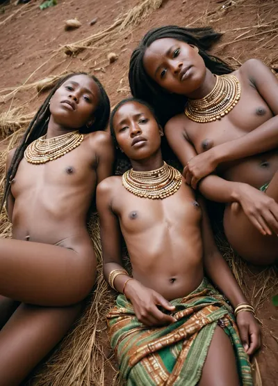 3 young native Women of Ruanda, traditional cloth, flashing, tiny tits, tear drop tits, creaping on all four, on the ground, head on ground