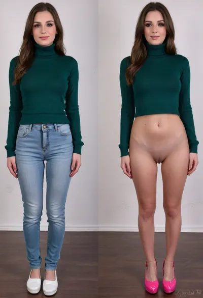 Before and after, a shy conservative Christian girl, (she is relatively confident on first image:1.1), fully clothed, wearing a green turtle neck pullover, (long jeans pants and dark green turtleneck pullover and white sneakers on first image:1.4), BREAK, the same girl turned into a complete slut, (she is extremely ashamed on second image:1.3), (standing insecurely), (slutty outfit, she is wearing an extremely short pink pleated micro skirt and white t-shirt and extremely elevated pink platform high heels on second image:1.3), (platform high heels on second image:1.4), (extremely short pink pleated micro skirt on second image only:1.2), <lora:OnoffXL_ExtraCrispy:.4>