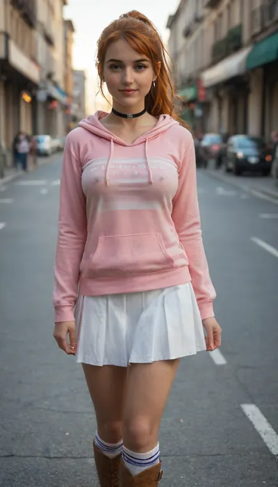 masterpiece, ultra-HD, 8k, usnr, best quality, cinematic lighting, (dramatic lighting), photorealistic, high detail, stunningly artwork, impressionism, (1.5), depth of field, shallow DOF, erotic and aesthetic, (incredibly detailed:1.2), realistic eyes, beautiful eyes, detailed pupils, 1girl, Beautiful girl, adult, nami_, (one_piece), ((ginger girl)), orange hair, long hair, blue eyes, ponytail hair, 25 years old, freckles, body freckles, blush, light smile, seductive smile, hand in hair, wind, hair in the wind, walking, perfect round breasts, medium perky breasts, jewelry, earrings, choker, (Pink hoodie, oversized hoodie, close-fitting hoodie, white skirt, split pleated skirt, mini skirt, long high-socks, see-through striped shirt, down blouse, Lita boots), Street, at noon, sun tray, cobbled street, Eiffel tower, Parisian street, cinematic 35mm lens