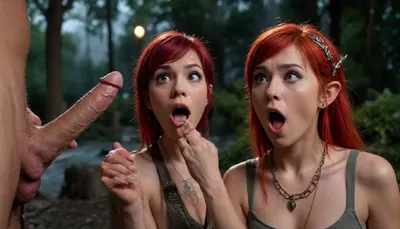 painting of elven asian colred haired punk woman shocked, surprised by one huge cock, night, outdoor, cinematic lighting, rimlight, intense, lotr, colorful, nsfw, <lora:cockshock:.5>
