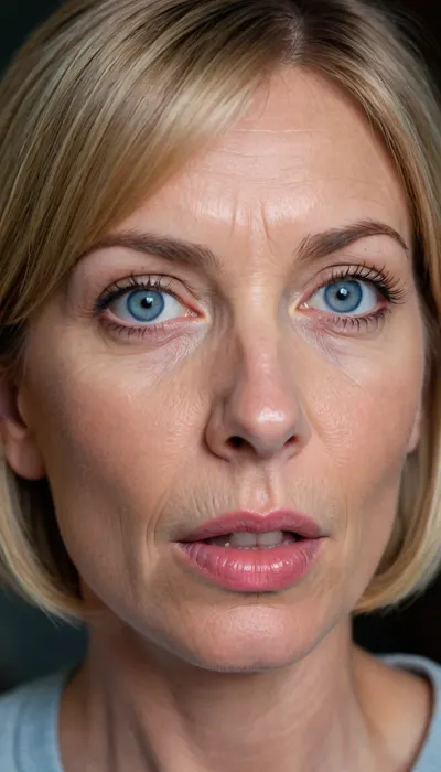 1girl, average height, french, bob cut dark blonde hair, 55 years old, thin, slim, solo, blue eyes, perfect eyes, realistic, wrinkles, lick her lips by her tongue