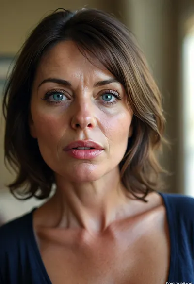 Milf, average, Italian, bob cut brunette hair, 45 years old, chubby, solo, blue eyes, perfect eyes, realistic, wrinkles, lick her lips by her tongue, <lora:MJ52:.8>