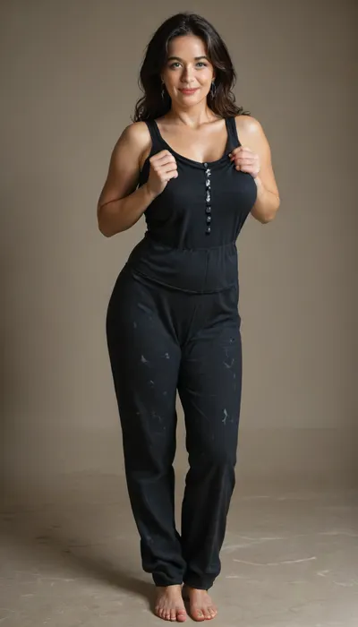 60 year old, (mature:1.4), curvy, petite, beautiful sexy saggy mature milf, long hair, dark hair with highlights, very curvy, thick, plump, wide hips, waist, sexy saggy milf, 1960s, strong eyebrows, realistic photo, smiling, beautiful, skin pores, eyelashes, textured skin, highly realistic skin, wide areolae and big puffy erect nipples, ambient occlusion, model shoot, masterpiece, (sleeveless black pajamas:1.3), (full body portrait), but, sagging, stretch, marks, <lora:MJ52:.3>, <lora:BUT_SDXL_SHS:.8>