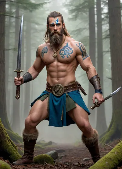 Modern colored pencil sketch, A fierce, muscular Celtic warrior, barechested with intricate blue woad body paint, a rugged beard, and a primitive necklace, holding a golden short sword raised high in one hand and a gold-bladed axe in the other, wearing a kilt-like garment of fur and green cloth, with a large ornate belt buckle showcasing a triskelion symbol, and primitive leg wraps and shoes, charging dynamically with a battle expression. During a battle in a dense, misty forest with numerous blurred, silhouetted warriors in the background, suggesting a chaotic melee. Fantasy art, Digital Painting, Epic Fantasy, inspired by historical Celtic art. Natural lighting, slightly diffused due to mist, focusing on the central figure with dramatic highlights. Full body shot, slightly low angle to emphasize power, dynamic action pose. Intricate details on body paint and attire, aggressive expression, realistic texture on fur and weaponry, atmospheric background with sense of movement, high fantasy, ancient warfare, colored, contrast, tone, texture, details, stylish, elegant
