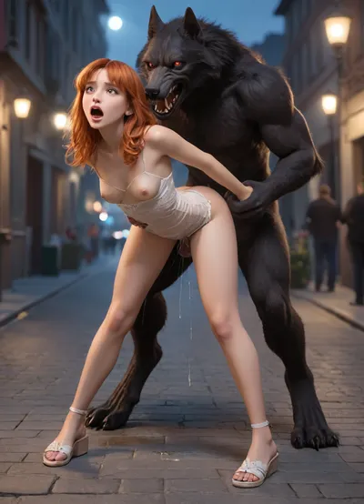 1girl, Andariel, 35 years old, long colorful red hair, small fringe, large vibrant red eyes, torn white underwear, torn panties down, shaved pussy, thigh gap, very shocked face, mouth opened, screaming, very slim, small b cup breasts, standing, legs spread, light sandals, arched back, (werewolf is fucking girl from behind, werewolf is holding waist), werewolf is tall, werewolf is bent over, aggressive, girl is doggy fucked, massive penis is fucking vagina, deep vaginal insertion, epic squirting, squirt dripping massively, at night, very dark night, in empty street, small paved stones on floor, street lamps, detailxl, alluring, ginger, glowing, <lora:Andariel The Hot Succubus_epoch_8:.5>, EdobWerewolf, <lora:EdobWerewolf_XL_v1.0:.5>, DonMN1gh7XL, <lora:DonMN1gh7rXL-000006:.5>