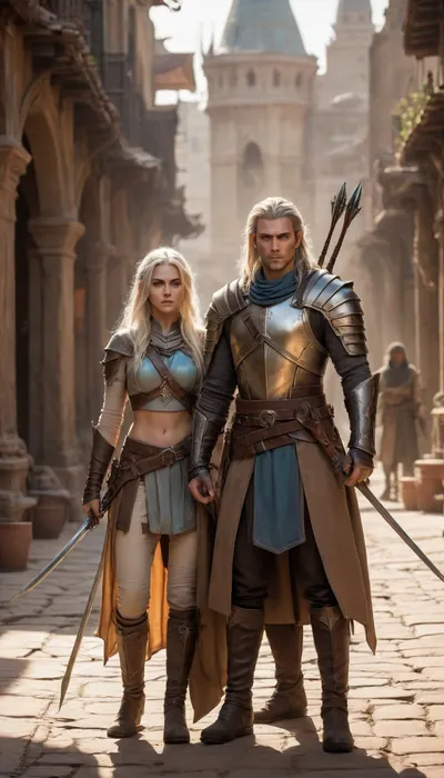 tall and lean male high elf rogue-fighter with sun-bleached hair and piercing ice-blue eyes, and a cunning female elf rogue with sun-kissed skin, copper-streaked dark hair, and sharp amber eyes, both clad in lightweight leather armor in muted desert tones. They move in perfect unspoken coordination through the shadows of a sandstone alley, Elandros with a finely crafted longbow and black-fletched arrows, the rogue with a curved Kathiri dagger in hand. Dust swirls in the hot evening wind as golden light spills across the domes and minarets of the bustling market district behind them, the air thick with spice and tension, ultra-realistic cinematic fantasy art