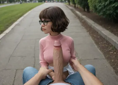 petite young Velma in in park, skinny face, fully dressed, pink sweater, tight sweater, beautiful very young woman in extremely short miniskirt, wide hips, small waist, naked shaved pussy, godpussy, microskirt, she wears white skirt, she grabs your flaccid dick sticking out of your pants, penis between her thighs, she is grabbing penis, your penis is in her skirt, flirting with you, looking back, POV male, clothed with dick out, he wears jeans, 1boy1girl, (massive dick:1.5), view from above, standing, <lora:MicroSkirt_XL:.8>