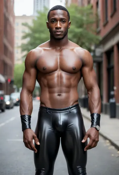 (((high resolution photography))), ((photorealistic)), one black male instagram model, BREAK

African Black man with muscular body wearing tight latex pants, large hard penis inside covered by leather pants, buldge of his bbc clearly visible, tight pants made of shiny patent leather, ((gigantic penis buldge)), ((outline of large cock visible under pants)), ((penis buldge:1.5))
