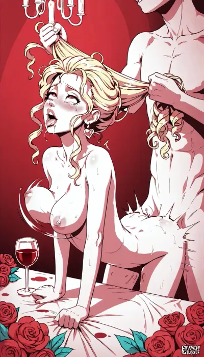 beautiful blonde girl holding a glass of red wine, surrounded by the soft glow of candles and a cozy atmosphere. Bent over an elegant table with a white tablecloth, decorated with luxurious flowers, intense anal sex, mid-motion shot, head down, bouncing breasts, groping breast, motion blur, She radiates elegance and tenderness, long curls frame her face, biting her lips, ahegao, pulling hair back, ratatatat74, lineart, line, art, flat, colors, color, <lora:ratatatat74-000050:.8>, <lora:cartoon_stickers_xl_v1:.8>, <lora:lineartSDXL:.8>, <lora:NEOTOKIOXL_0.2_RC:.8>