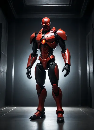 A photograph of a towering, red, mechanical, humanoid Guardian standing in a stark, matte-black void. The Guardian's body is composed of interlocking plates with visible rivets and bright orange energy conduits crisscrossing its frame. Its face is a smooth, featureless visor, and its hands are clasped in a protective gesture, as if guarding something. Soft, diffused light emanates from within the Guardian, casting long, subtle shadows and emphasizing its imposing presence against the dark background.