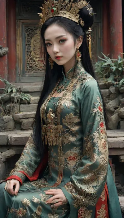 1woman, 35yr, (((ancient Chinese empress))), queen, aristocrat, (wu Zhao dynasty), Han dynasty, very slim, wide hips, large boobs, (((green eyes))), long black hair, gold jewelry, long red nails, red lipstick, traditional clothing, in a elaborate and grand temple, gold earrings, embroidered red full length traditional Chinese dress, huge elaborate headdress, traditional Chinese shoes, demure pose, austere, gugong, high quality, high detail, hyper realistic, high definition, best quality, <lora:gugong:.8>, <lora:Lora-_Ai_Char_Yin_Xiang_Mah:.8>, Beautiful, Chinese, girl, <lora:pytorch_lora_weights:.8>, <lora:C_fashion-000015:.8>