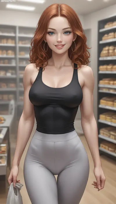 ziprealism, score_9, score_8_up, (amateur candid snapshot), (mischievous eyes, naughty grin, smug, strutting, perfect eyes), (slender), (long auburn hair, center-part hairstyle), (tight tank top, tight yoga pants), (muscular shoulders), (thigh gap, wide hips), grocery store