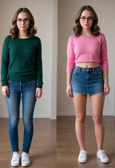 Before and after, (a shy woman with shoulder-length wavy brown hair, she appears to be in her late twenties or early thirties, light-skinned, She is wearing glasses with dark frames and a dark green cashmere pullover), (BEFORE she is wearing long jeans pants and white sneakers:1.2), BREAK, (AFTER she is wearing a pink pleated micro skirt and pink platform high heels:1.1), slut outfit, <lora:OnoffXL_ExtraCrispy:.4>
