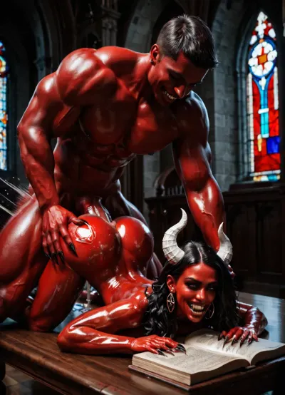 1girl, prone ass up on table, gorgeous demon woman, (red skin, oiled skin), white horns, bared her fangs in a grin, long sharp claws, 1boy, human priest, (huge dick, long dick, intense anal sex, motion blur, slap, trembling), church, books, candles, pentagram, stained glass windows with angels, NEGATIVE_HANDS, <lora:dark:.8>