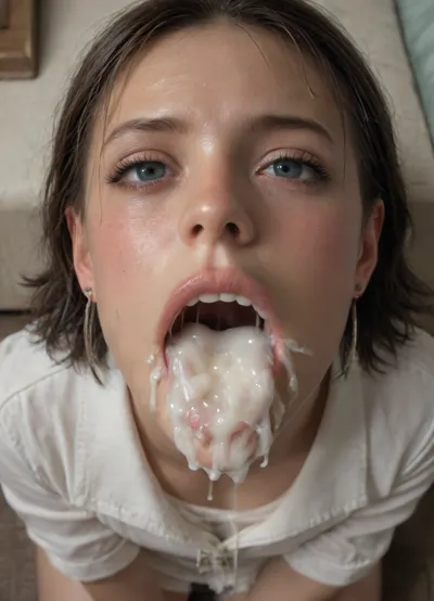 sitting on knees, looking at viewer, photo from above, (mouth filled cum:1.7), (mouth full of cum:1.7), (open mouth:1.7), (cum around mouth:1.7), (shows inside mouth:1.7), in clothes, swallows cum, (close up:1.2), realism photo, (cry:1.6)