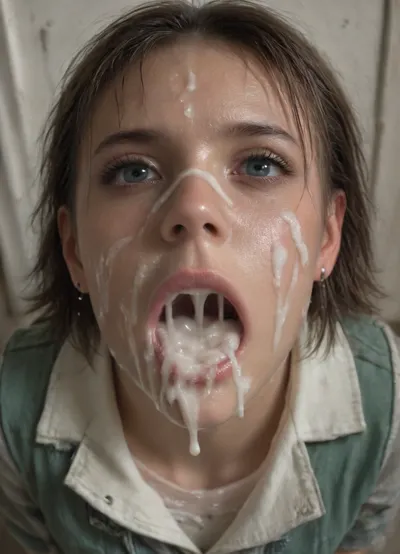 sitting on knees, looking at viewer, photo from above, (mouth filled cum:1.3), (mouth full of cum:1.5), (open mouth:1.5), (cum around mouth:1.5), (cum around face:1.5), (shows inside mouth:1.5), in clothes, swallows cum, (close up:1.3), realism photo, (cry:1.7)