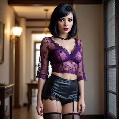 woman with black hair with purple highlights, mid-length bob cut, with a colorful blouse without a bra, short black skirt with fishnet stockings, with purple lace panties filled with cum, intense red lipstick