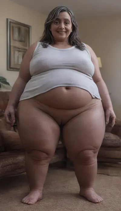 (Brunette ssbbw Gilf:1.4), beautiful 60 year old woman stood in a, (living room:1.6), (perfect studio lighting), (obese:1.5), drooping, saggy, (smile:1.3), (full body shot), (detailed skin:1.8), (long brown straight hair with gray highlights:1.3), (big eyes:1.3), (detailed eyes), (chubby face:1.3), wearing a lowcut v-neck sleeveless T-shirt, braless, Wearing, clothes, that, make, sense, with, Braless>, cameltoe, <lora:bralessSDXL_v1_00022:.5>, <lora:MJ52:.2>