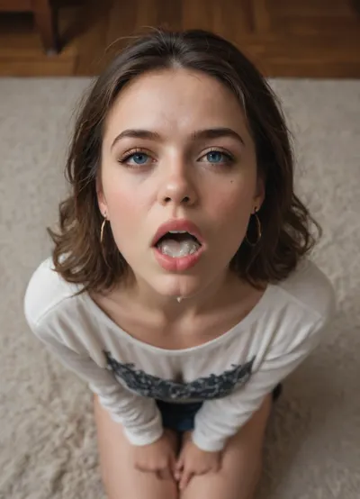 very beautiful 20 years, (dissatisfied face:1.4), sitting on knees, photo from above, in clothes, realism photo, (cum in throat:1.2), (open throat:1.2), crazy hairstyle