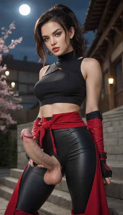 score_9, score_8_up, score_7_up, RAW photo of 1girl, anime-style illustration of a young woman inspired by Rei from Ninja Gaiden, (1988), faithfully reimagined in her canonical kunoichi assassin design. She has long, raven-black hair tied in a high ponytail, sharp, crimson-red eyes, and a fierce, focused expression. Her detailed face features flawless, pale skin, delicate yet strong features, and deep, scarlet lips. The detailed eyes burn with intensity and determination.
She wears her iconic form-fitting black-and-red ninja outfit, including a cropped top, tight leather pants, and shinobi tabi boots, crouched on a rooftop in the dead of night. The background reveals a full moon casting shadows, cherry blossoms drifting in the wind, and the silhouette of a rival ninja clan lurking below, a seductive, deadly tribute to the classic NES kunoichi, blending lethal grace with retro ninja mystique., ((cowboy_shot)), (((half body view))), ((upper body view)), (big penis:1.1), (erect penis:1.5), (masturbation:1.1), (futanari:1.3), (covered in cum:1.1)