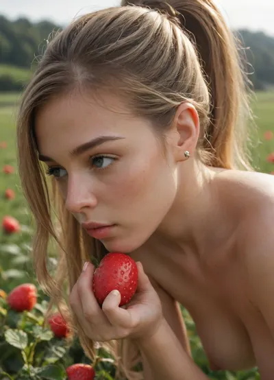 (beautiful nude girl in a panama, with blonde hair in a ponytail), (standing in a field, bending over and picking strawberries), full-length body, close-up, masterpiece, high detail, 8K resolution.