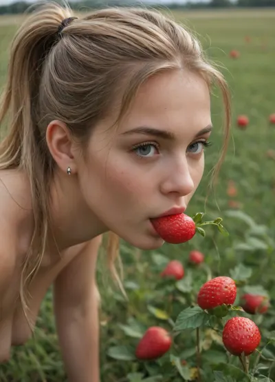 (beautiful nude girl in a panama, with blonde hair in a ponytail), (standing in a field, bending over and picking strawberries), full-length body, close-up, masterpiece, high detail, 8K resolution.