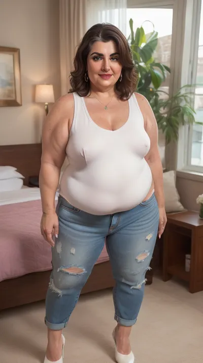 ((Front view)), photorealistic, obese bbw 60 year old mature fat BBW GILF with beautiful eyes, big hips, wide hips, thick thighs, very chubby, (FUPA:1.2), ((Nikon Z8)), realistic matte skin, skin texture visible, (sharp focus), (high quality), (face visible), ((Detailed Face and Eyes)), 8k high definition, ((Armenian woman)), ((mid length brunette hair)), ((stunningly beautiful woman)), ((sexy woman)), ((wearing sleeveless v-neck white cotton long leotard:1.3), (high waist jeans:1.3)), ((smiling)), ((plump pubis, fupa)), sagging, ((pokies)), ((hotel room background)), (((perfect lighting))), (((looking at viewer))), (((chubby face:1.5))), (((round face:1.2))), (RAW photo:1.2), (photorealistic:1.4), (masterpiece:1.4), (best quality:1.4), ultra high res, ((detailed facial features)), HDR, 8k resolution, depth of field, intricate details body, long range focus, long distance view, ((full body view:1.5)), 8k professional modelshoot style high definition, full body visible, detailed face, round face, a realistically designed face, tt_saggy, tt_flat, <lora:age_slider_v20:1.1>, <lora:tt_saggy:.3>, <lora:BGV5EX:.8>