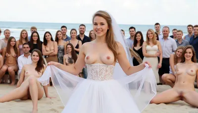 18, wedding bride, many smiling guest, beach, anal, spread legs, view from behind, wedding cake, shows naked pussy