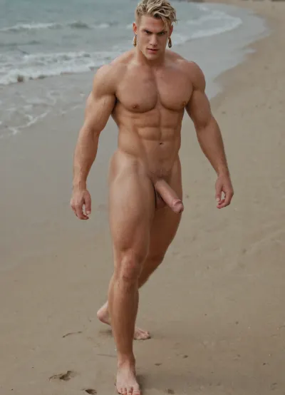 Full body shot, muscular long blonde haired white male on beach showing his massive huge cock