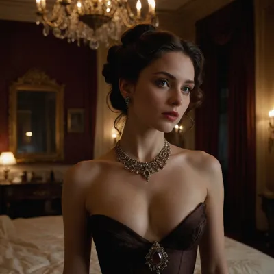 gorgeous 19th century courtesan, second empire parisian bedroom, very dark, dramatic lighting, pale skin, heavy necklace, topless, seductive, long wavy dark brown hair in an up do, perky tits