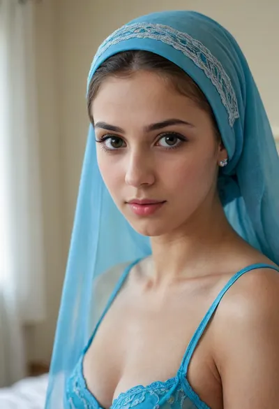 fine facial features, very beautiful, sweet, modest, thin Muslim girl, Muslim girl 18 years old, standing in the bedroom, the Muslim woman is wearing blue thongs, a bra, stockings, a stocking hanger, on her head is a blue Muslim transparent headscarf, close up of a girl, there is a transparent veil on the face