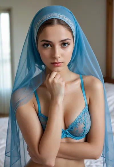 delicate facial features, very beautiful, cute, modest, thin Muslim woman, Muslim woman 18 years old, standing in the bedroom, Muslim woman wearing blue thong, bra, stockings, stocking hanger, blue Muslim transparent headscarf on her head, transparent veil on her face, face covered with transparent veil, kneeling in the room, the body is covered with a transparent blue veil