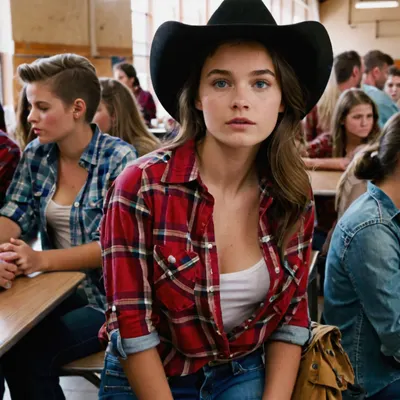 1girl, (small body:1.5), (small face:1.5), (young girl), brunette, blue eyes, small breasts, in the crowded college cafeteria, wearing a red plaid flannel shirt with rolled up sleeves, shirt is unbuttoned and open in front, perky nipples visible, blue jean shorts, cowboy hat.