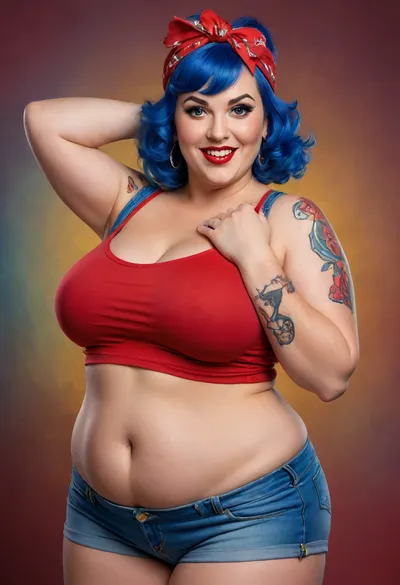 retro pin-up girl caricature, russian milf, 45 years old, (obese bbw body), (obese saggy breast), (wide hips and thick thighs), blue hair, tattooed arm, piercing gaze, winking expression, wearing red bandana, blue tank top, wide decollete, denim shorts, hands on hips pose, digital painting style with vibrant colors, smooth gradients, glossy highlights, whimsical, playful