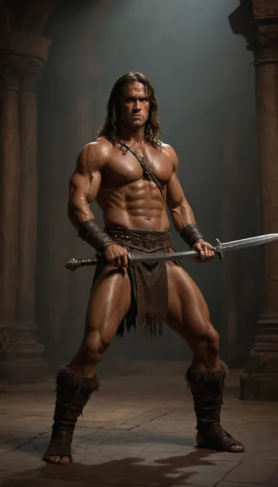 uber realistic image, fullcolor image, full body view, 8K quality, ultra detailed, masterpiece, Conan the Barbarian, swinging his sword.