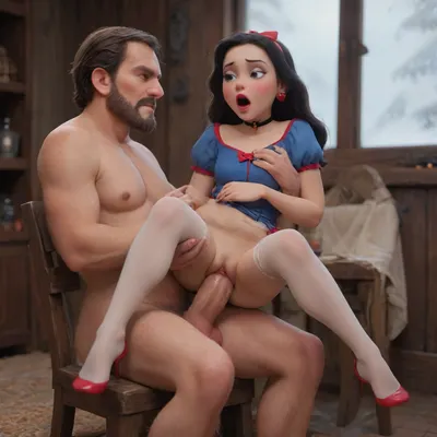 rustic wooden cottage, 1couple, hetero, (Snow White from Disney:1.5), pretty face, torso, long legs, long white silk stockings, snow white dress, dress unlaced, breasts out, very perky breasts, lace choker, hair bow, ankle bracelets, large bedroom, (bouncing up and down on cock), bounce lines, sound effects, sex sounds, dripping wet pussy, (moaning noises:1.3), wet with sweat, size difference, 1man, large man, large cock, (woodsman from snow white), hairy, beard, sitting on rough wooden chair, grabbing waist, <lora:add-detail-xl:.8>, <lora:princess_xl_v2:.8>, <lora:Samaritan 3d Cartoon SDXL:.8>