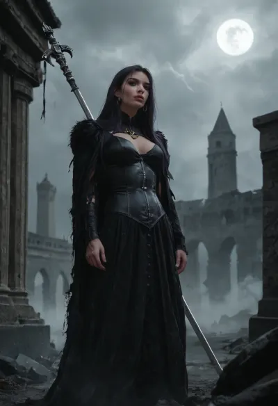 Dark and fearsome female champion of Shar, chosen warrior of the Mistress of the Night, tall and commanding with an athletic build. Pale violet-tinged skin, long flowing raven-black hair, piercing glowing violet eyes full of cold resolve. Wearing sinister black and deep purple armor engraved with crescent moons and shadow runes, flowing tattered cloak that trails into darkness, Shar’s black disk holy symbol glowing faintly at her chest. Armed with a jagged shadow-forged sword or staff radiating void energy. Standing in a temple of shadow or on a battlefield under a starless sky, tendrils of darkness swirling around her. Ultra-realistic high fantasy art, highly detailed, cinematic dark divine atmosphere, ominous and majestic.