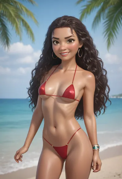 Moana, Disney heroine, adventurous Polynesian woman, strong and confident, warm brown skin, long flowing wavy dark brown hair, expressive brown eyes, determined and kind smile, medium firm breasts. Wearing red micro bikini decorated with island patterns. Standing at the shore of a tropical island with turquoise ocean waves, palm trees, and a bright sky. Cinematic, highly detailed, Disney-inspired style, vibrant colors, uplifting atmosphere.
