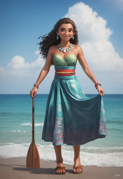 Adult Moana, Polynesian explorer and wayfinder, strong and athletic build with graceful curves, warm brown skin, long flowing wavy dark brown hair, expressive brown eyes, confident and determined expression. Wearing an updated adventurer’s outfit inspired by her Polynesian heritage, decorated red-and-cream woven top, patterned skirt with sash, shell and bead jewelry, barefoot or in simple sandals. Holding an oar or staff, standing proudly at the prow of a canoe on turquoise ocean waves with islands in the distance. Highly detailed, ultra-realistic Disney-inspired fantasy art, vibrant colors, cinematic heroic atmosphere.