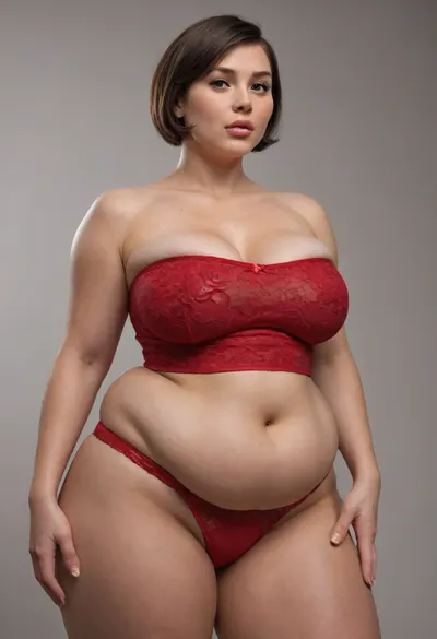 forty-year-old woman, (obese:1.5), Helen Parr, ultra detailed, masterpiece, best quality, extremely detailed, sharp focus, bob cut hair, beautiful eyes, ((braless)), ((red, sexy, wide, big, pantybriefs, full brief, high-waist, high-cut, full coverage, highleg, panties:1.3)), parted lips, full lips, plump pubis