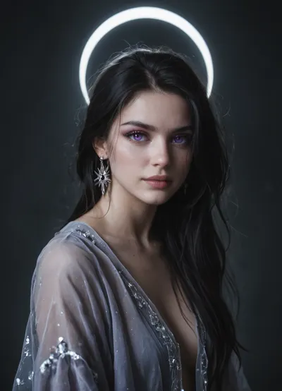 Selûne and Shar, twin goddesses of light and darkness from Forgotten Realms, depicted together in eternal celestial conflict.
Selûne, radiant and ethereal, glowing silver-blue skin, long flowing silver-white hair, silver eyes full of compassion, wearing flowing midnight-blue and silver robes adorned with constellations, glowing crescent moon halo behind her, surrounded by radiant starlight.
Shar, dark and mysterious, pale violet-tinged skin, long flowing raven-black hair, piercing violet eyes, wearing shadowy black and purple robes embroidered with runes, surrounded by swirling void-like shadows, crowned with a dark crescent moon.
They stand facing each other on a cosmic battlefield, half bathed in moonlight and stars, half swallowed in shadow and void. Epic high-fantasy scene, ultra-realistic divine figures, cinematic lighting, richly detailed atmosphere of light vs. dark.